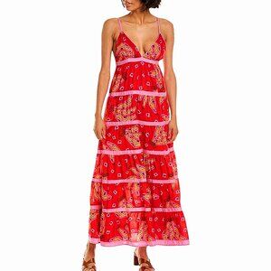 Farm Rio Tiki Bananas Coral Red Tiered Maxi Sundress - Large - Great Condition